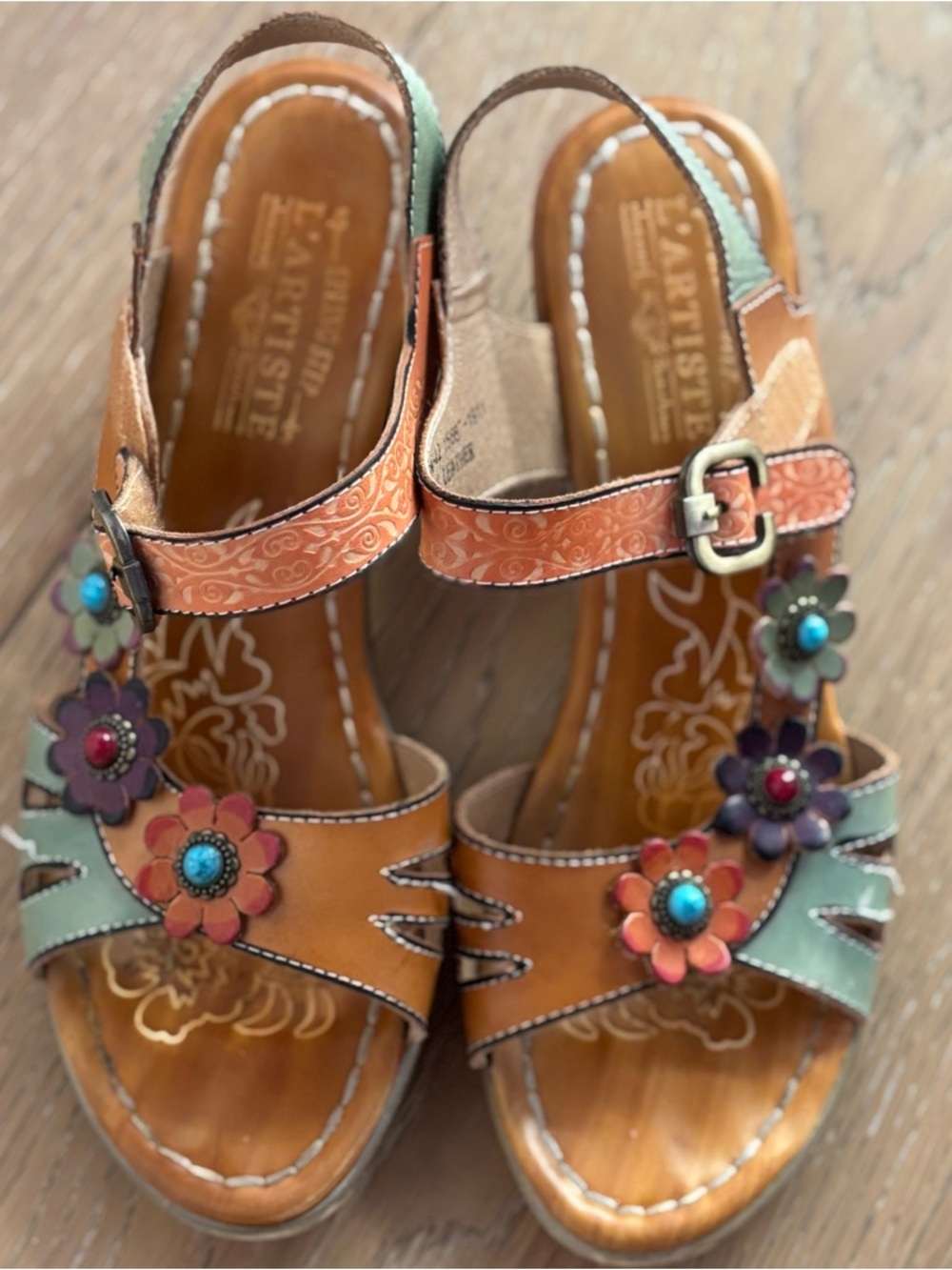 L'ATISTE Tan Leather Sandals with Mint Straps and Multi-Color Floral Accents